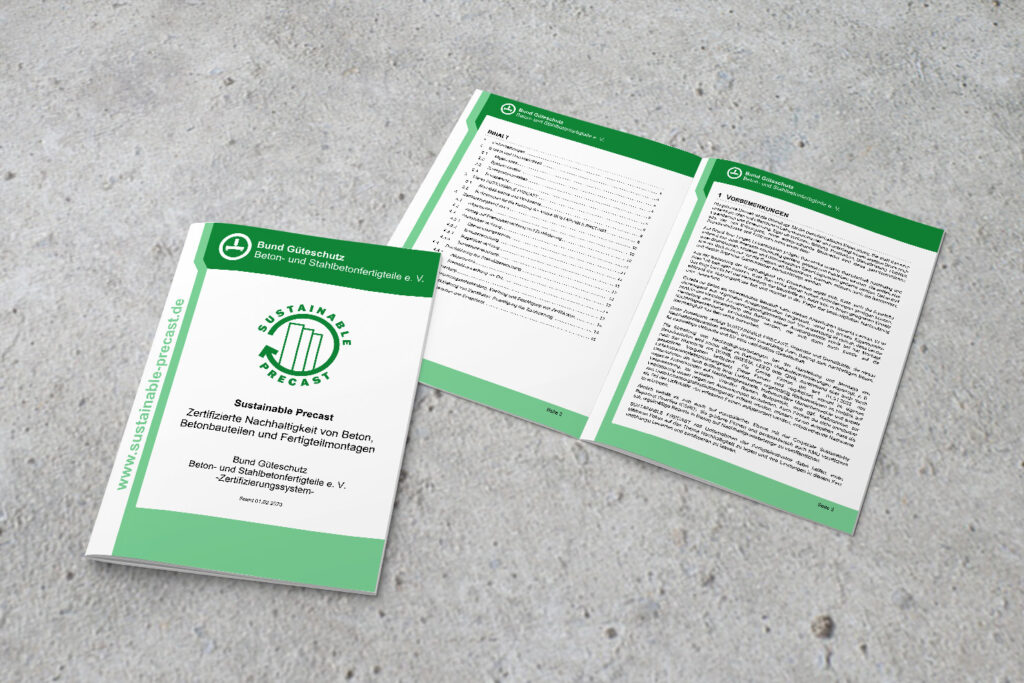Offene Broschüre über zertifizierte Nachhaltigkeit im Betonbau auf Betonuntergrund.