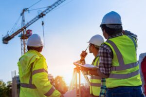 Bauarbeiter mit Schutzhelmen und Warnwesten diskutieren Pläne vor einem Kran im Hintergrund